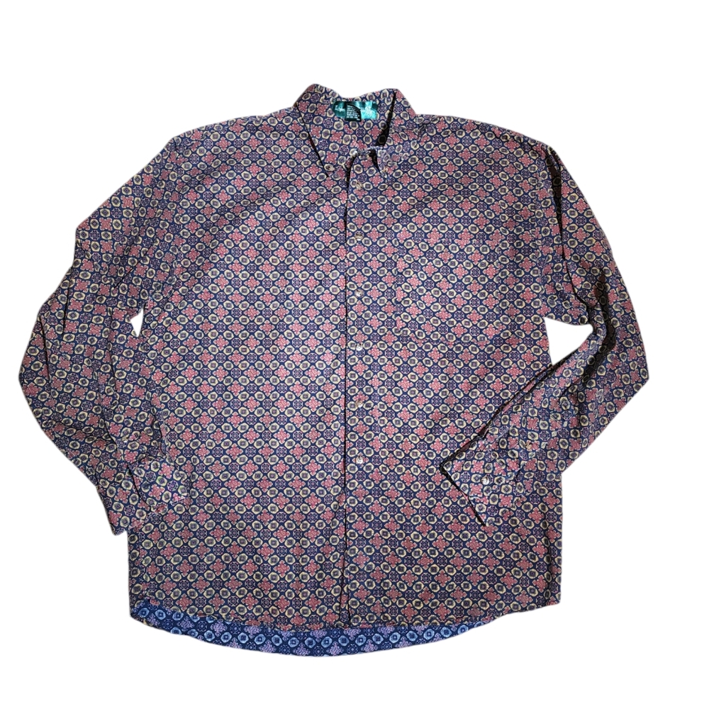 Vintage Knights of Round Table Blue & Red Geometric Long Sleeve Button Up Sz XL